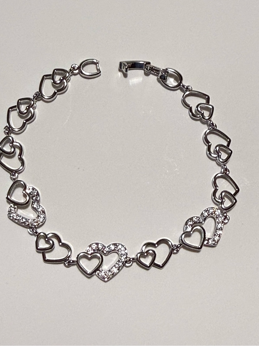 Sterling-Style Silver Heart Link Bracelet with Pavé Accents 19cm